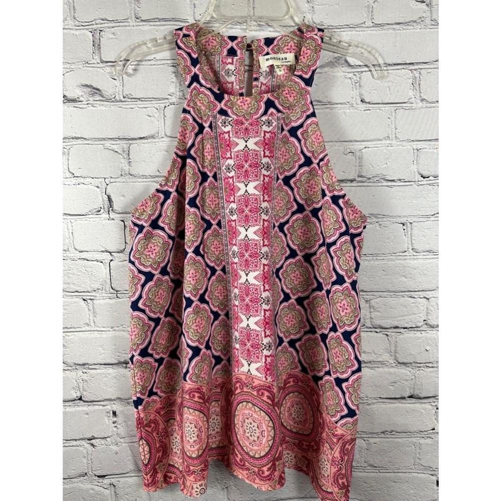 Monteau Women’s Medallion Sleeveless Halter Top Pink & Navy - Size S